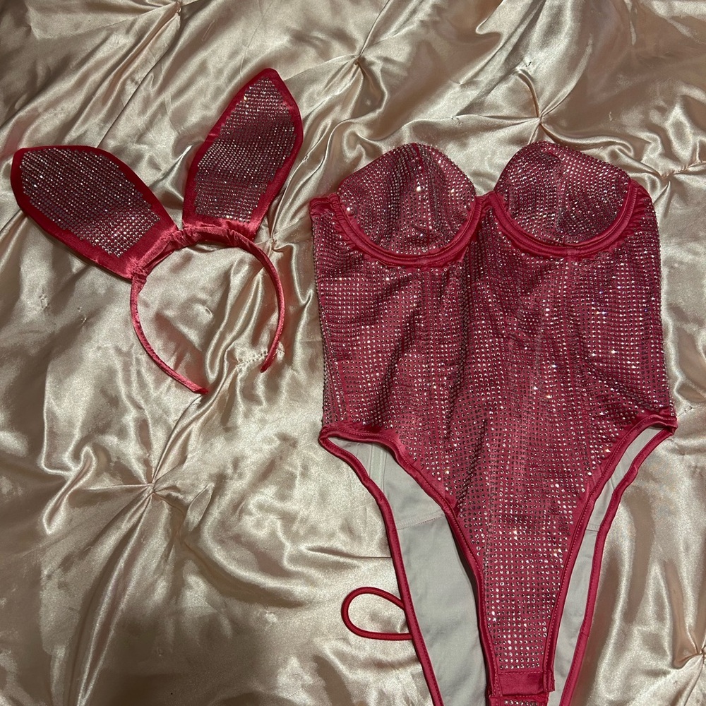 Sparkling Pink Playboy Bodysuit Costume with Bunny Ears